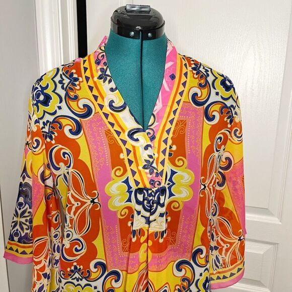 Carmen Marc Valvo Sheer See Thru Lightweight Kimono Paisley Boho Colorful Blouse - Picture 6 of 11